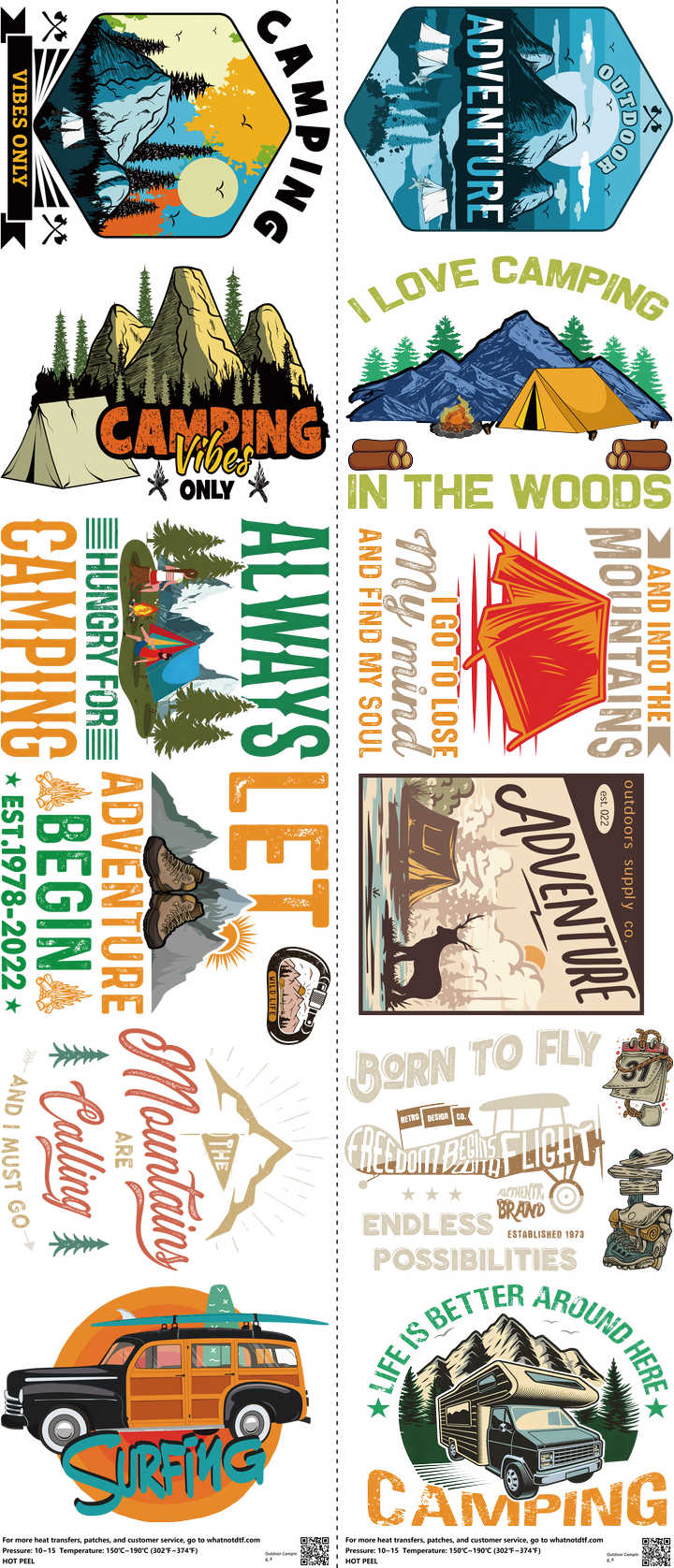 Outdoor Camping mixed-style heat transfer design set on a 23.5 by 53 inch sheet