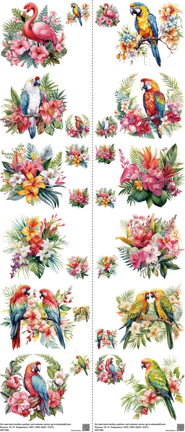 Parrot Flower mixed-style heat transfer design set on a 23.5 by 53 inch sheet
