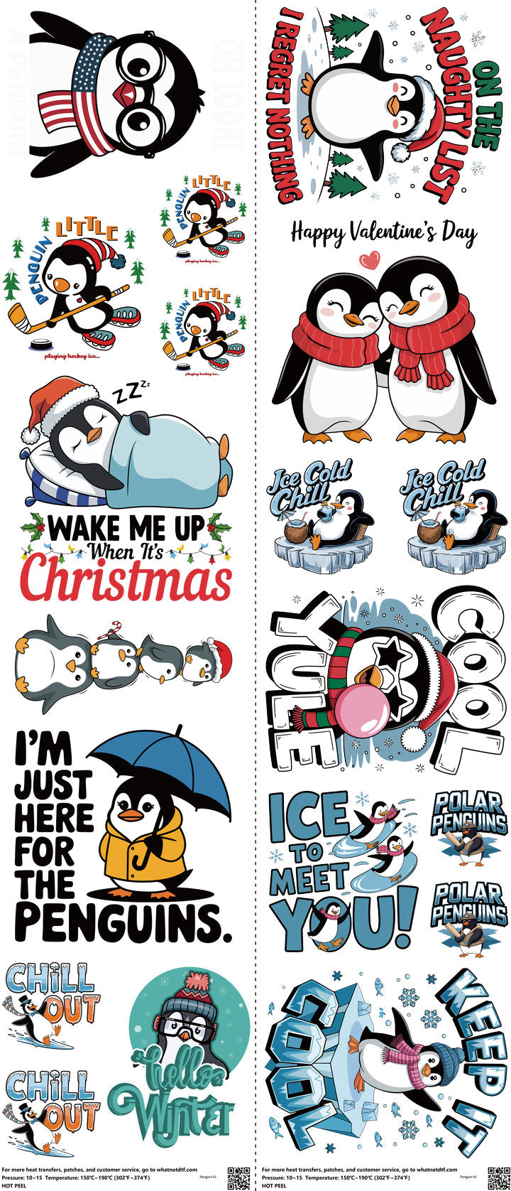 Penguin mixed-style heat transfer design set on a 23.5 by 53 inch sheet