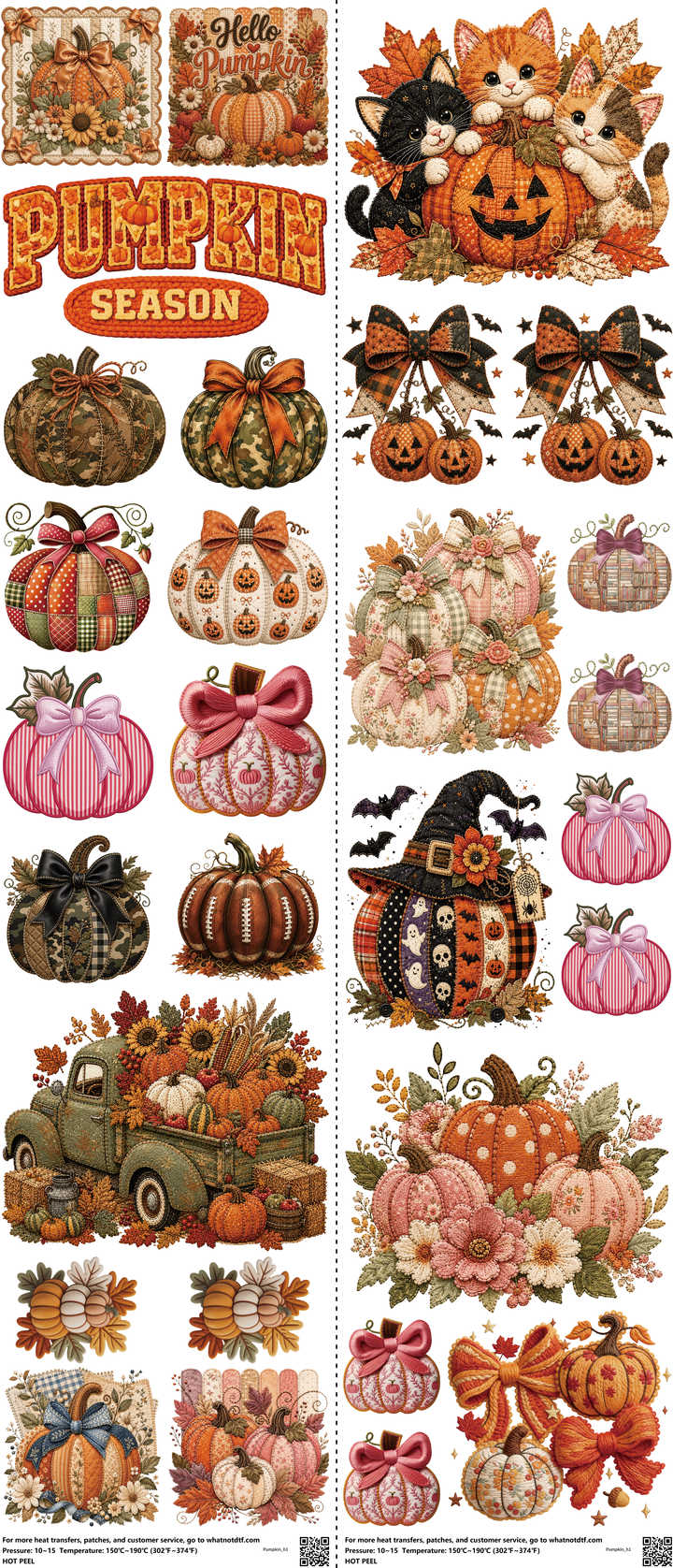 Pumpkin mixed-style heat transfer design set on a 23.5 by 53 inch sheet
