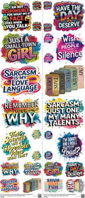 Sarcastic Z5 mixed-style heat transfer design set on a 23.5 by 53 inch sheet