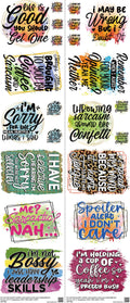 Satirical Sublimation mixed-style heat transfer design set on a 23.5 by 53 inch sheet