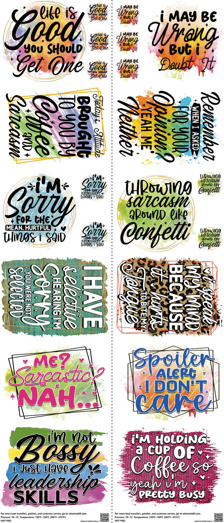 Satirical Sublimation mixed-style heat transfer design set on a 23.5 by 53 inch sheet