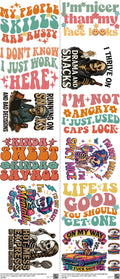 Satirical Sublimation mixed-style heat transfer design set on a 23.5 by 53 inch sheet