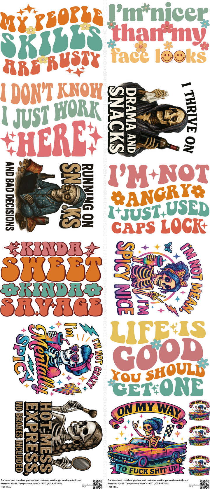Satirical Sublimation mixed-style heat transfer design set on a 23.5 by 53 inch sheet