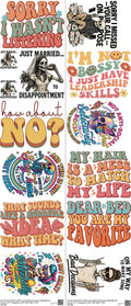 Satirical Sublimation mixed-style heat transfer design set on a 23.5 by 53 inch sheet
