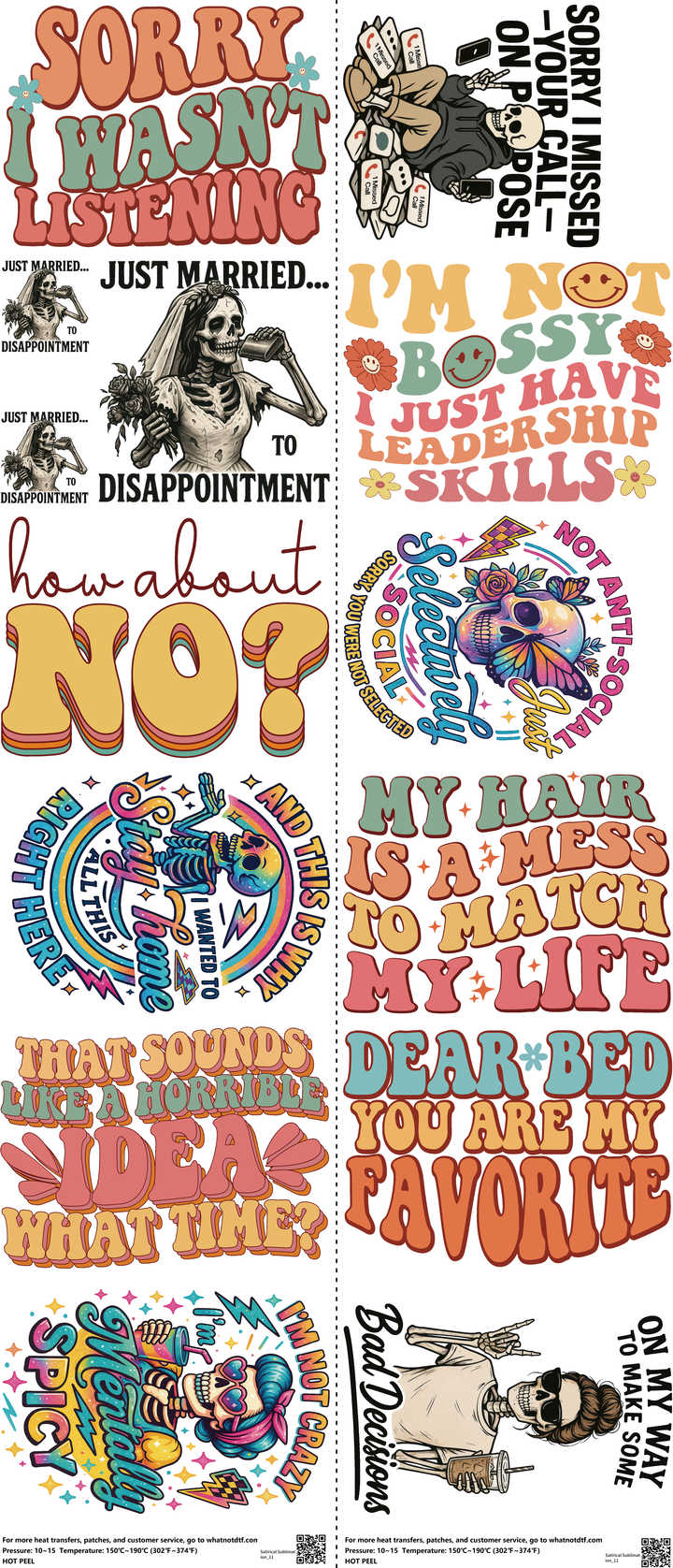 Satirical Sublimation mixed-style heat transfer design set on a 23.5 by 53 inch sheet