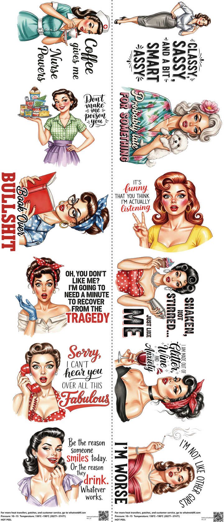 Satirical Sublimation mixed-style heat transfer design set on a 23.5 by 53 inch sheet