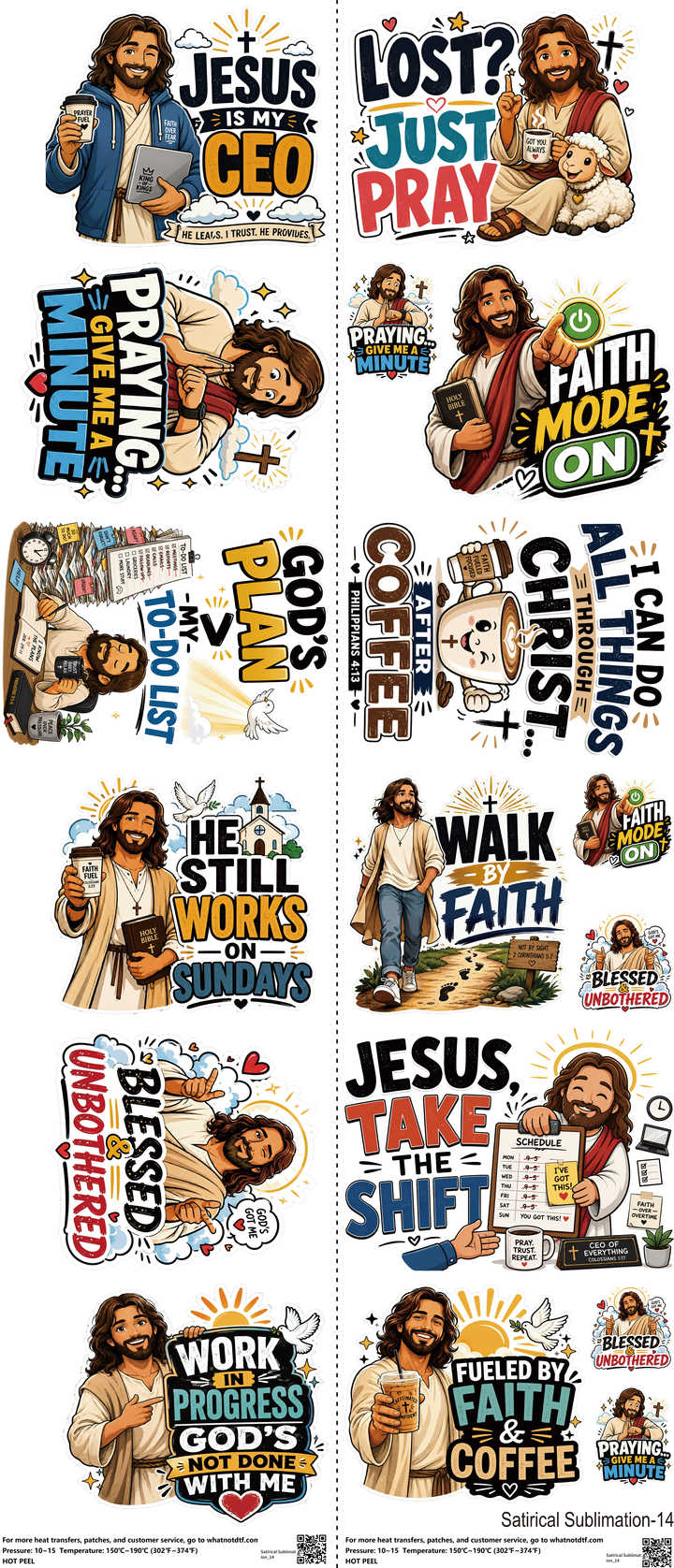 Satirical Sublimation mixed-style heat transfer design set on a 23.5 by 53 inch sheet