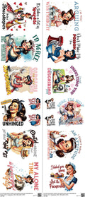 Satirical Sublimation mixed-style heat transfer design set on a 23.5 by 53 inch sheet