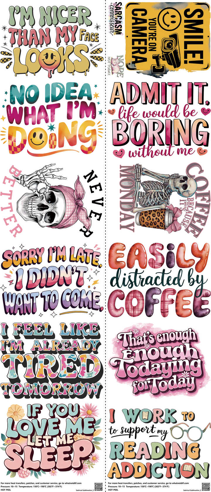 Satirical Sublimation mixed-style heat transfer design set on a 23.5 by 53 inch sheet