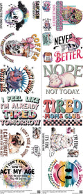 Satirical Sublimation mixed-style heat transfer design set on a 23.5 by 53 inch sheet