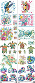 Sea Turtle mixed-style heat transfer design set on a 23.5 by 53 inch sheet