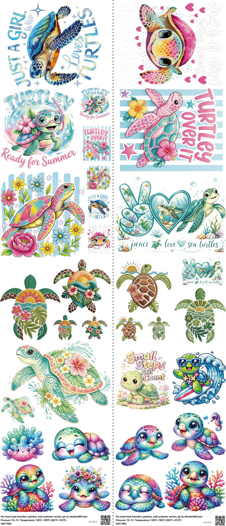 Sea Turtle mixed-style heat transfer design set on a 23.5 by 53 inch sheet