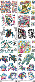 Sea Turtle mixed-style heat transfer design set on a 23.5 by 53 inch sheet