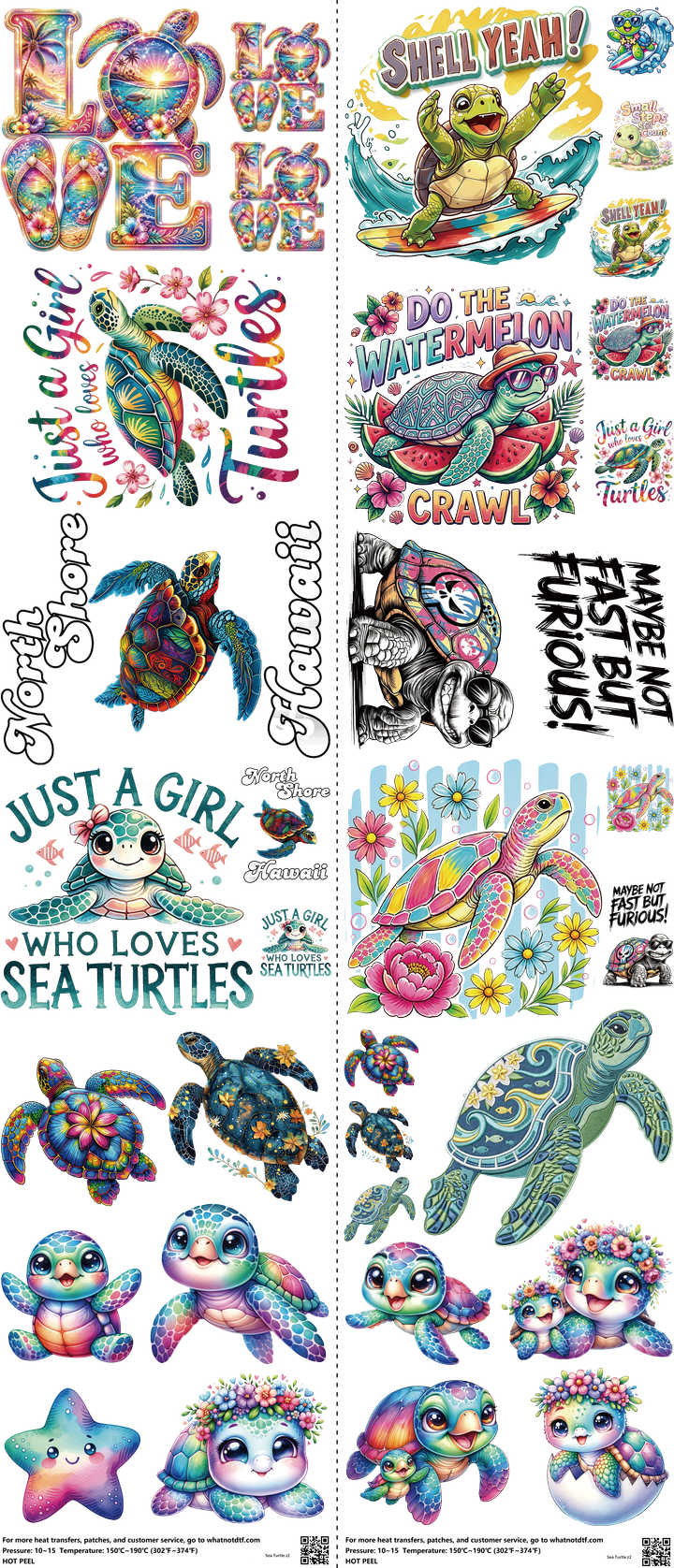 Sea Turtle mixed-style heat transfer design set on a 23.5 by 53 inch sheet