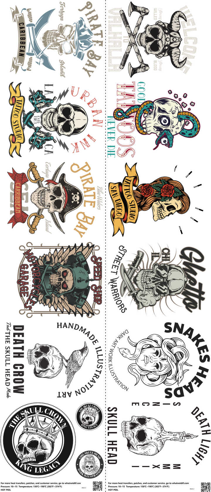 Skull mixed-style heat transfer design set on a 23.5 by 53 inch sheet