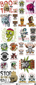 Skull mixed-style heat transfer design set on a 23.5 by 53 inch sheet