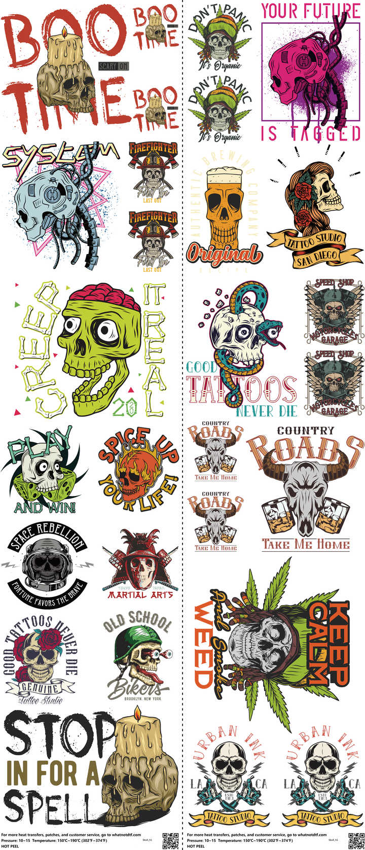 Skull mixed-style heat transfer design set on a 23.5 by 53 inch sheet