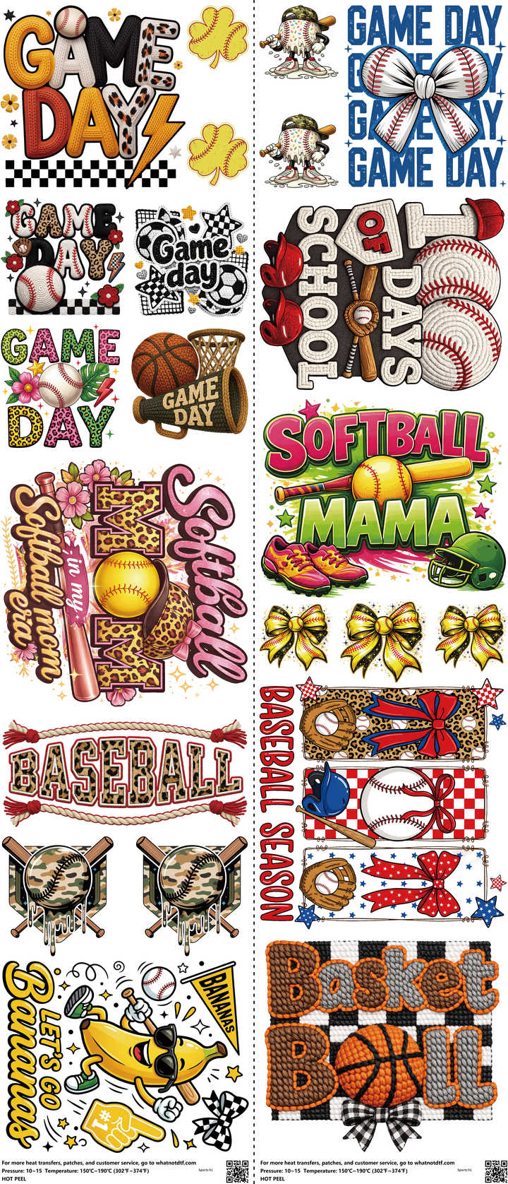 Sports mixed-style heat transfer design set on a 23.5 by 53 inch sheet