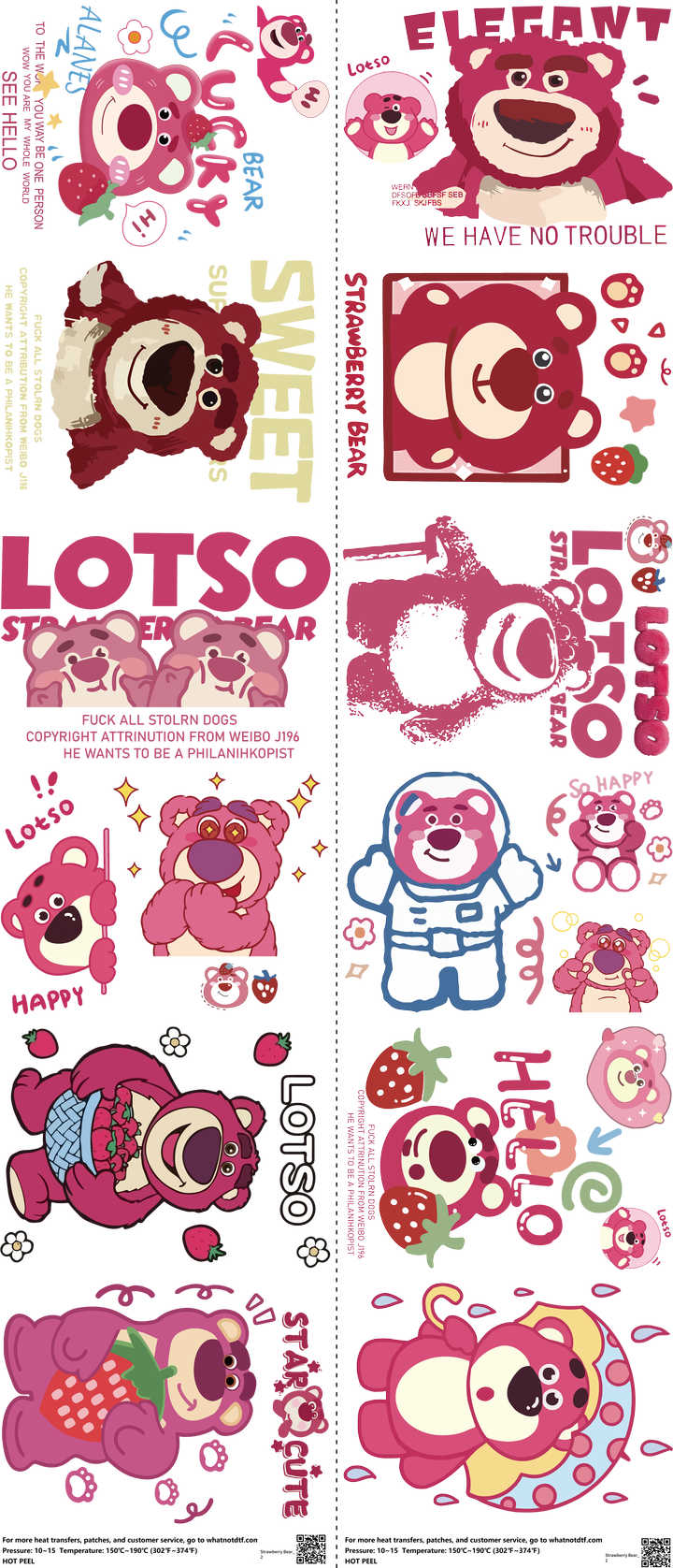 Strawberry Bear mixed-style heat transfer design set on a 23.5 by 53 inch sheet