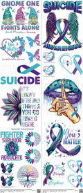 Suicide Awareness mixed-style heat transfer design set on a 23.5 by 53 inch sheet