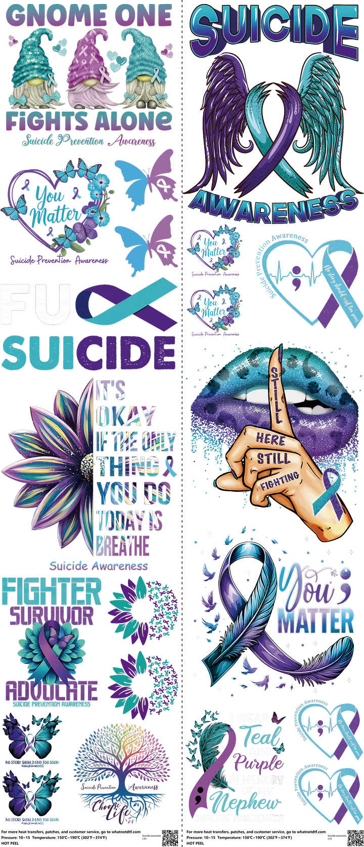 Suicide Awareness mixed-style heat transfer design set on a 23.5 by 53 inch sheet
