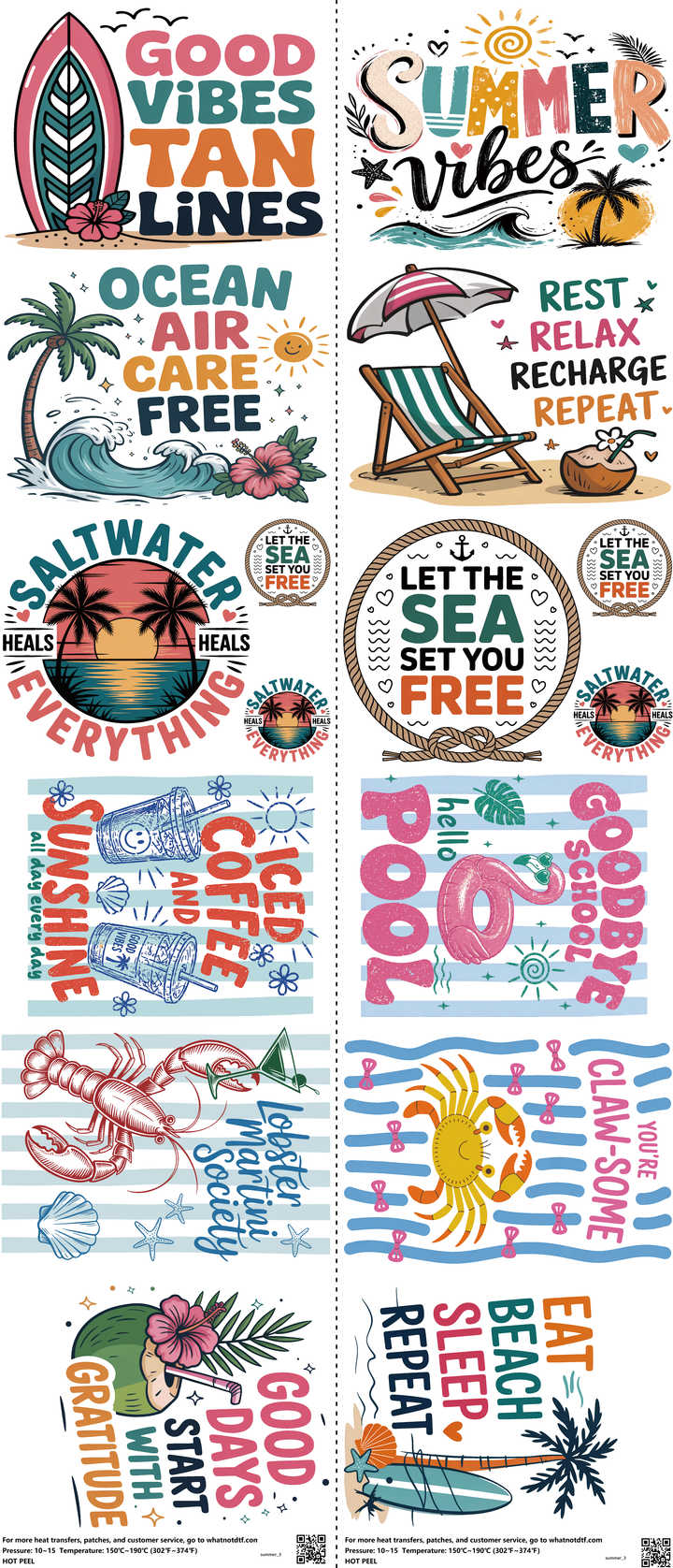 Summer mixed-style heat transfer design set on a 23.5 by 53 inch sheet