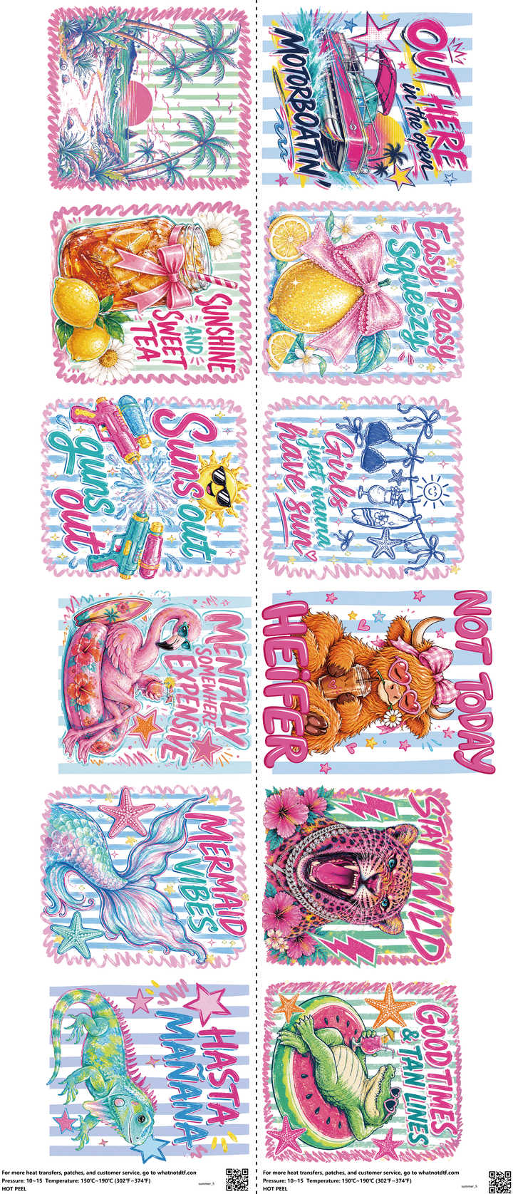 Summer mixed-style heat transfer design set on a 23.5 by 53 inch sheet