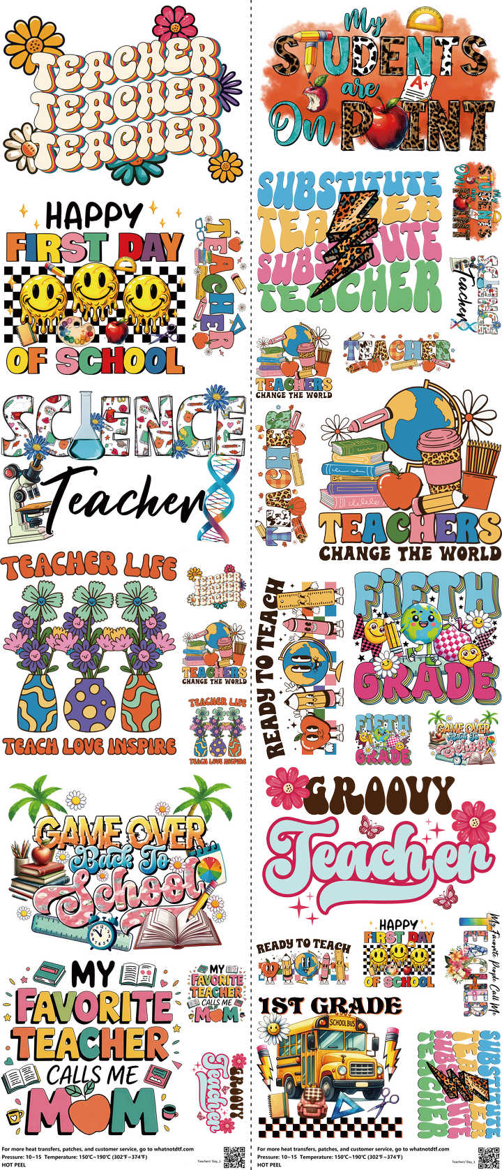 Teachers' Day mixed-style heat transfer design set on a 23.5 by 53 inch sheet