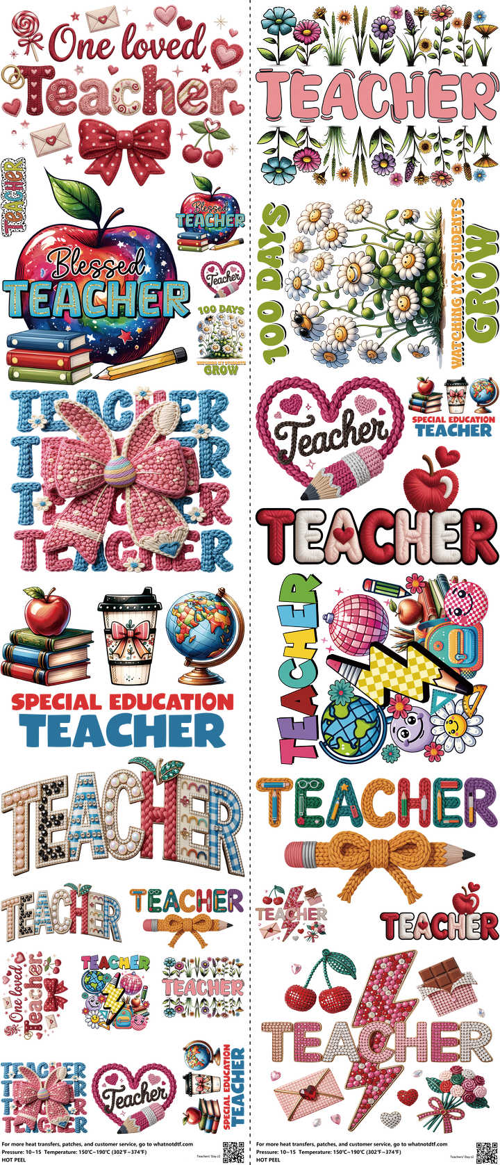Teachers' Day mixed-style heat transfer design set on a 23.5 by 53 inch sheet