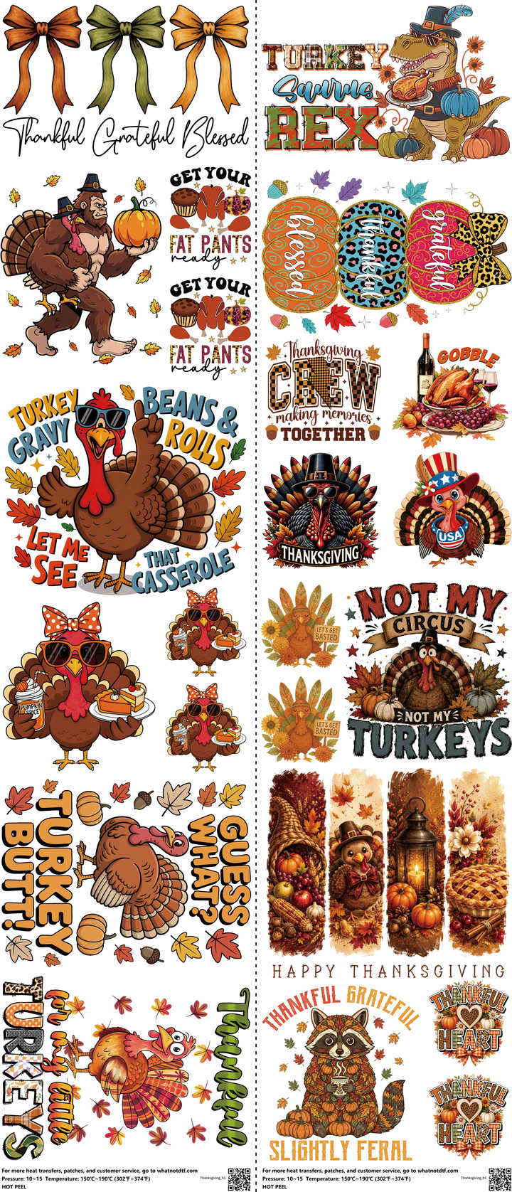 Thanksgiving mixed-style heat transfer design set on a 23.5 by 53 inch sheet