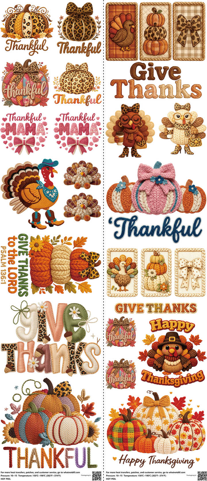 Thanksgiving mixed-style heat transfer design set on a 23.5 by 53 inch sheet