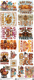 Thanksgiving mixed-style heat transfer design set on a 23.5 by 53 inch sheet
