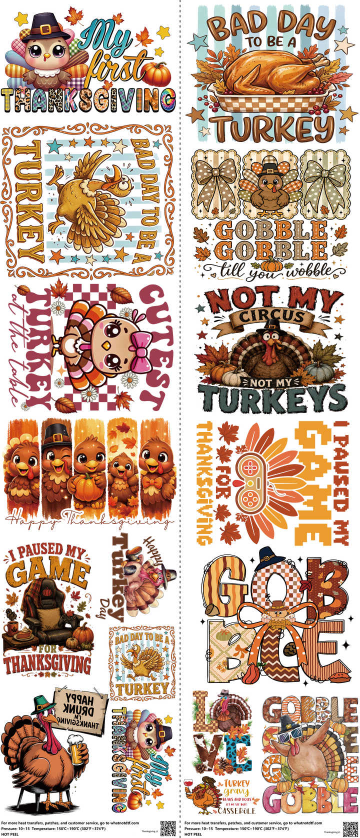 Thanksgiving mixed-style heat transfer design set on a 23.5 by 53 inch sheet