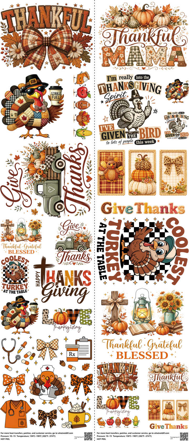 Thanksgiving Z2 mixed-style heat transfer design set on a 23.5 by 53 inch sheet