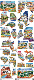 US States mixed-style heat transfer design set on a 23.5 by 53 inch sheet