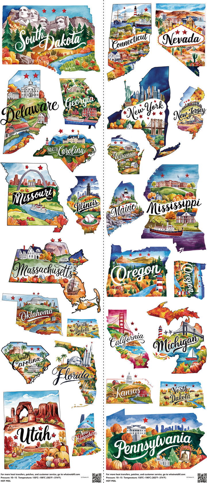 US States mixed-style heat transfer design set on a 23.5 by 53 inch sheet