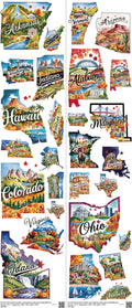 US States mixed-style heat transfer design set on a 23.5 by 53 inch sheet