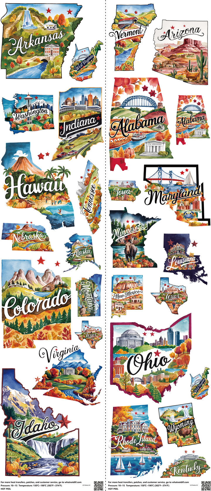 US States mixed-style heat transfer design set on a 23.5 by 53 inch sheet