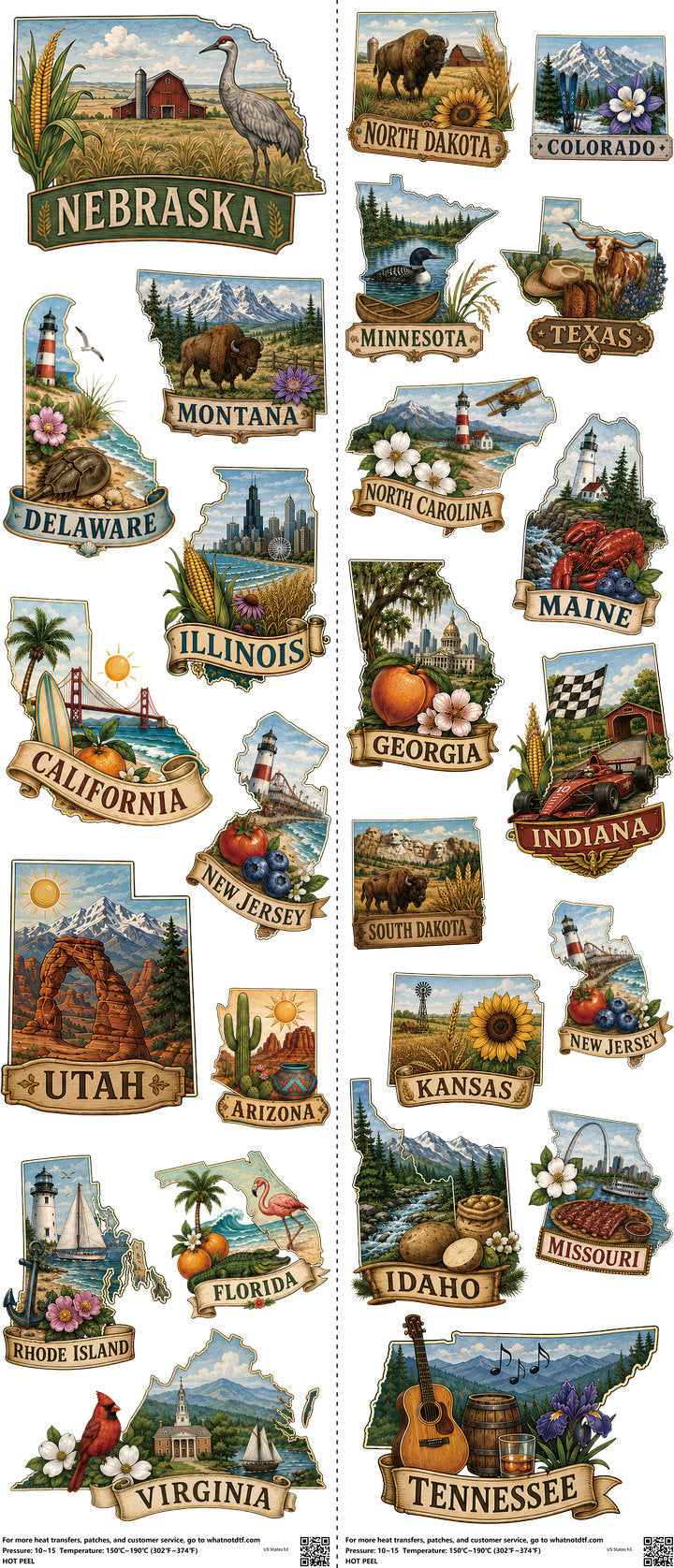US States mixed-style heat transfer design set on a 23.5 by 53 inch sheet