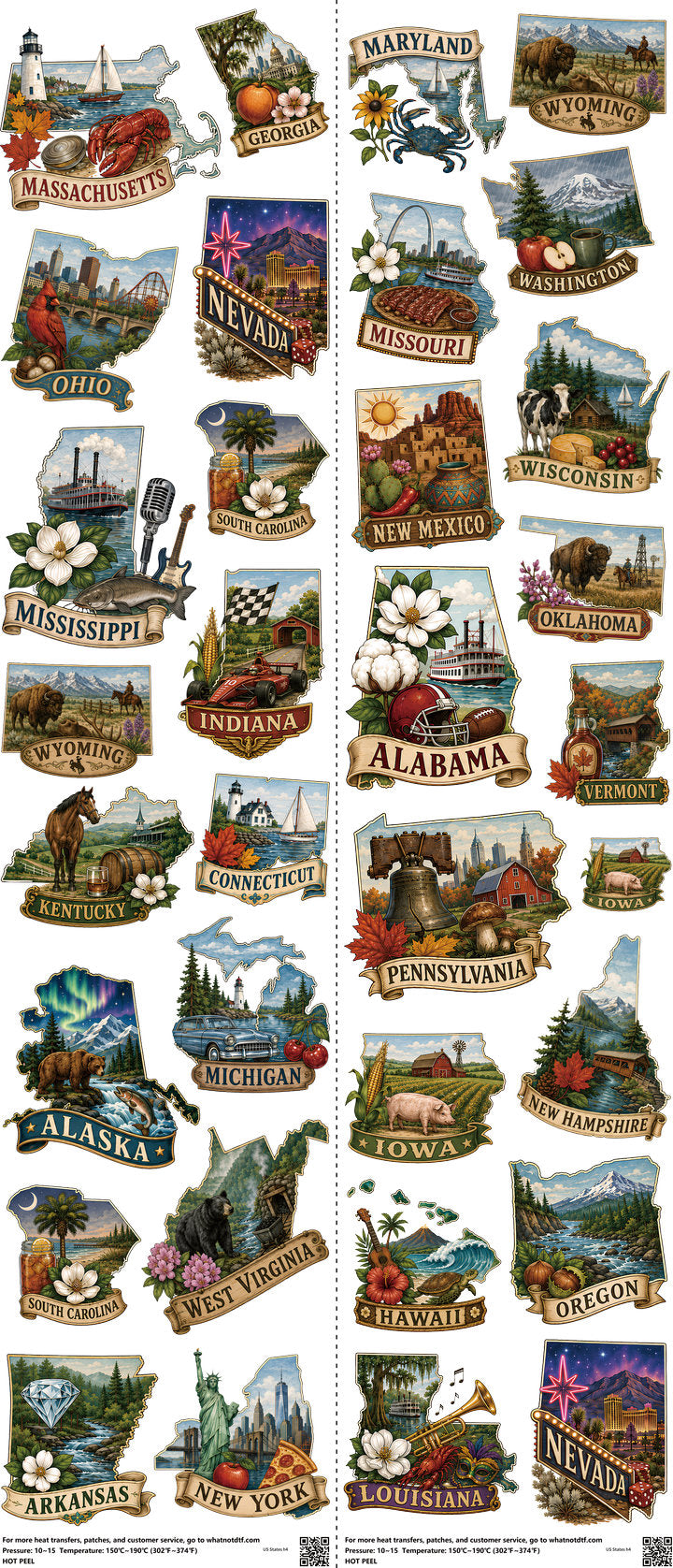 US States mixed-style heat transfer design set on a 23.5 by 53 inch sheet