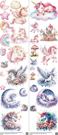 Unicorn mixed-style heat transfer design set on a 23.5 by 53 inch sheet
