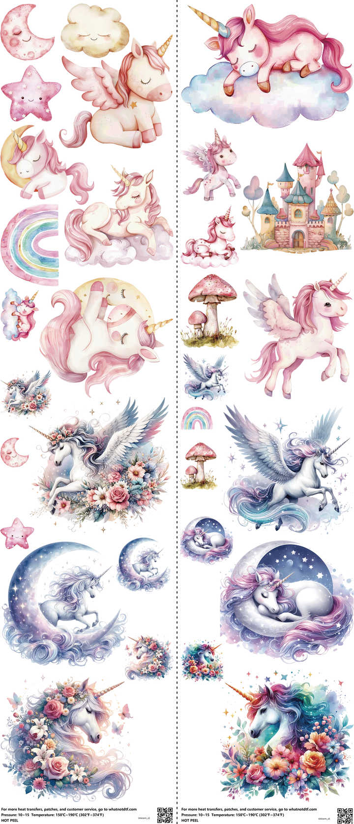 Unicorn mixed-style heat transfer design set on a 23.5 by 53 inch sheet