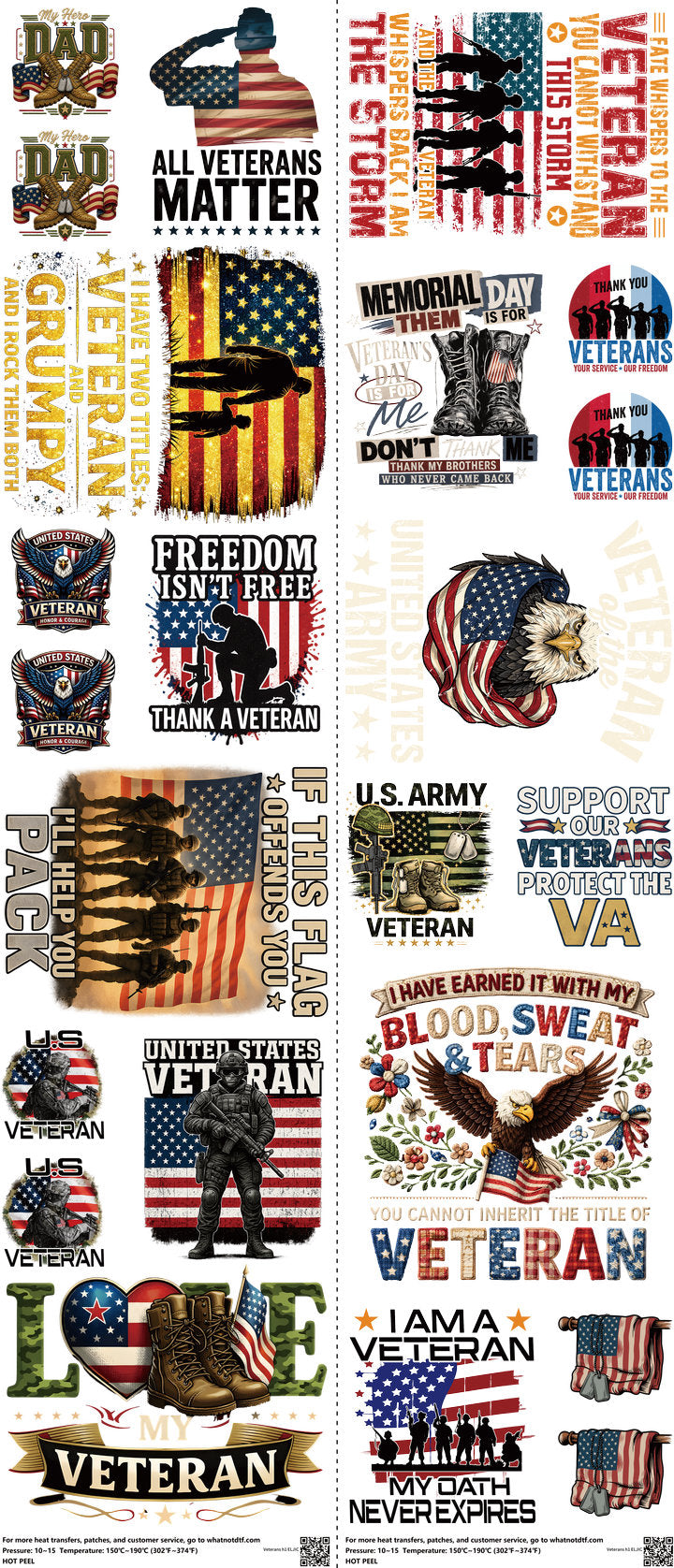 Veterans H1 mixed-style heat transfer design set on a 23.5 by 53 inch sheet