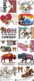 Western Cowboy mixed-style heat transfer design set on a 23.5 by 53 inch sheet