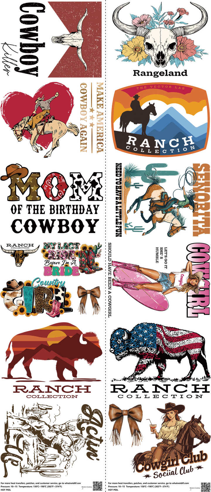 Western Cowboy mixed-style heat transfer design set on a 23.5 by 53 inch sheet