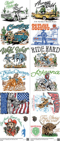 Western Cowboy mixed-style heat transfer design set on a 23.5 by 53 inch sheet