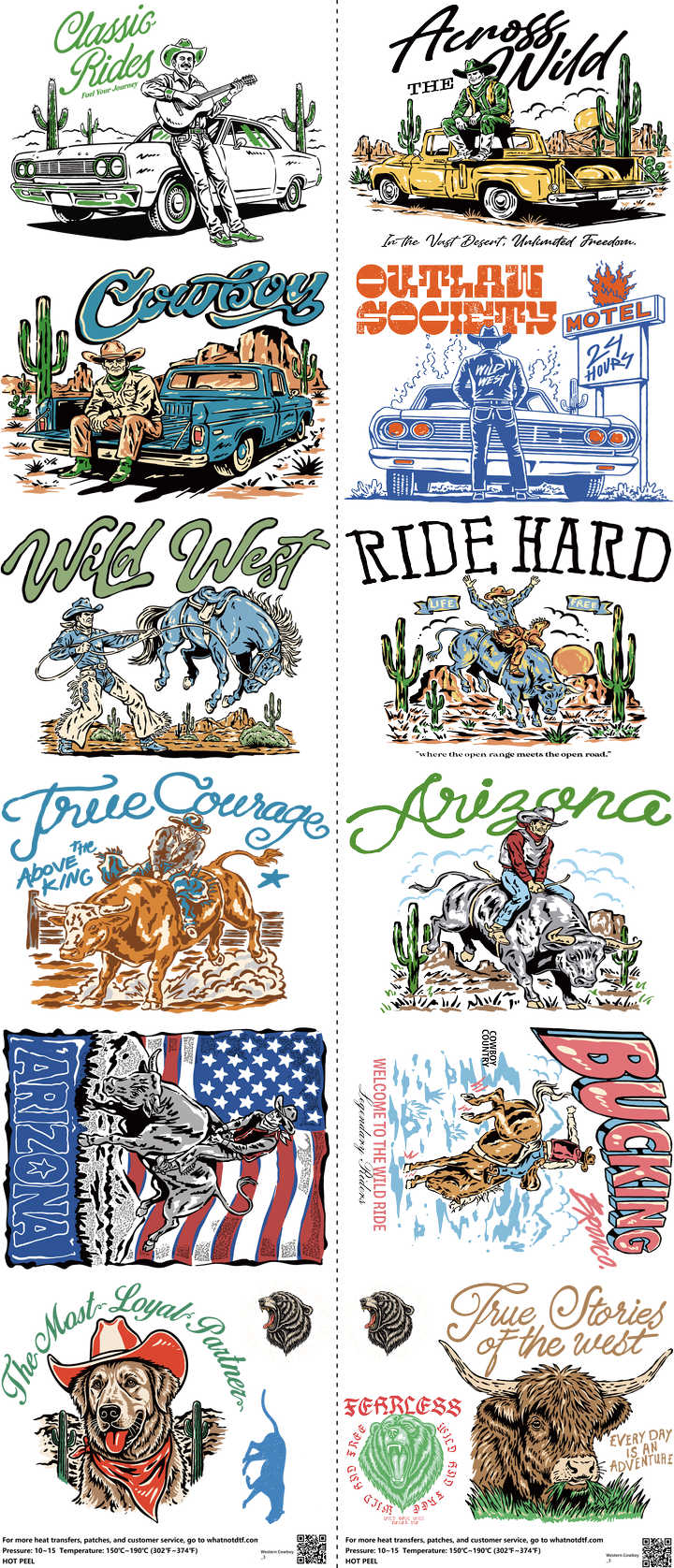 Western Cowboy mixed-style heat transfer design set on a 23.5 by 53 inch sheet