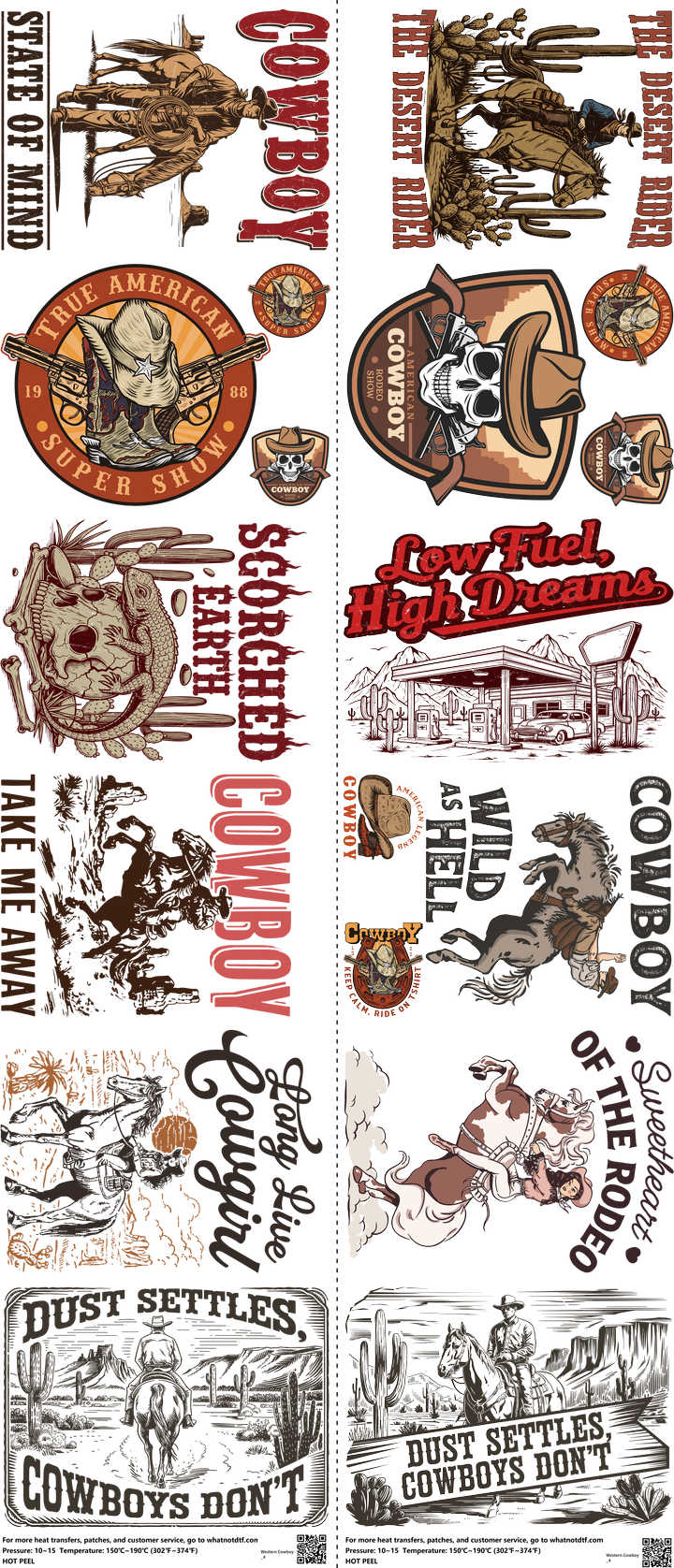 Western Cowboy mixed-style heat transfer design set on a 23.5 by 53 inch sheet